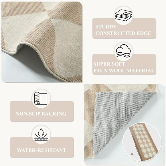 Beeiva Checkered Print Rug Runners Non Slip 2.5x8, Ultra Thin Beige Gingham - Picture 6 of 8